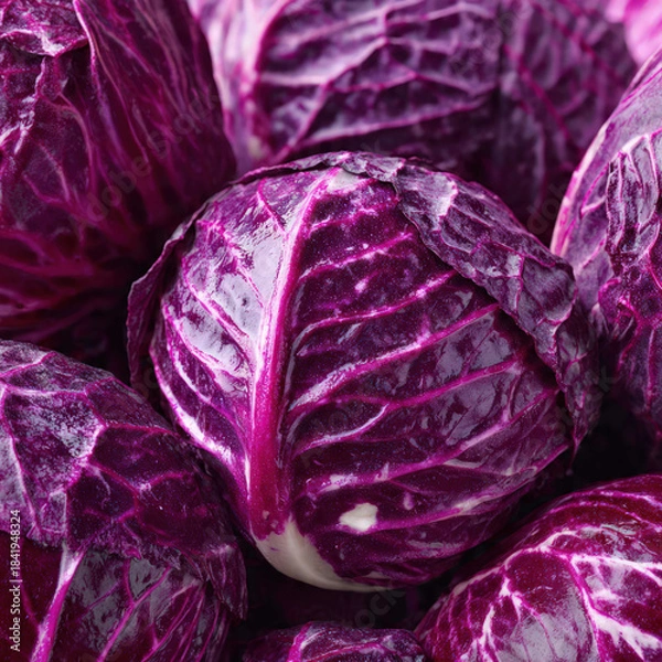 Obraz Close-up of a red cabbage showing layered purple leaves and intricate veins. Bright, clean composition perfect for culinary, farming, and healthy lifestyle visuals.