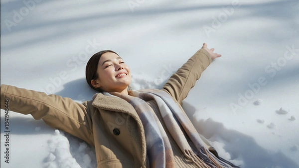 Obraz 雪の中で寝転ぶ女性のリラックスした笑顔　Generative AI