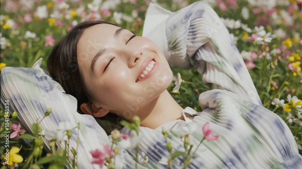 Obraz 春の花畑でくつろぐ女性の笑顔　Generative AI
