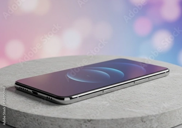 Obraz Modern Smartphone with Blurred Colorful Background on Light Grey Surface