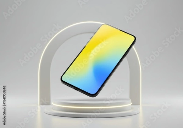 Obraz Modern Smartphone with Colorful Screen Display on Minimalist White Platform