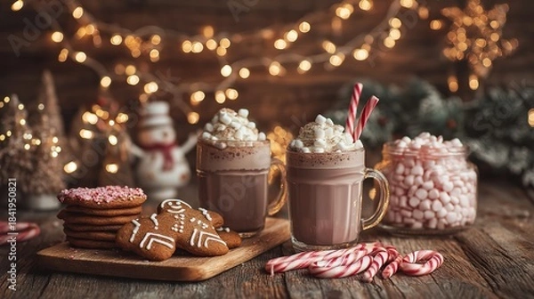 Fototapeta Festive Christmas sweets table with hot cocoa, gingerbread men, cookies and candy canes, cozy winter holiday baking background