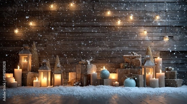 Fototapeta Cozy Christmas scene with wooden wall, candles, lanterns and snow falling, warm rustic winter holiday background for greeting cards and seasonal promotions