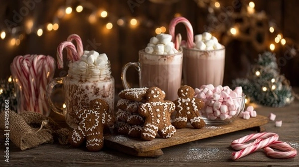 Fototapeta Christmas hot chocolate bar with gingerbread cookies, marshmallows and candy canes on wooden table, festive winter drink and dessert background