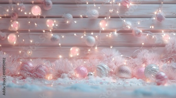Fototapeta Pastel Christmas background with pink ornaments, fluffy garland and glowing fairy lights, soft winter holiday backdrop for branding and social media
