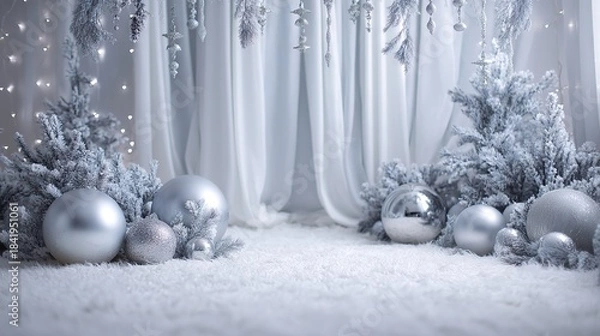 Fototapeta White and silver Christmas backdrop with snowy ground, frosted trees and large baubles, elegant winter holiday studio background