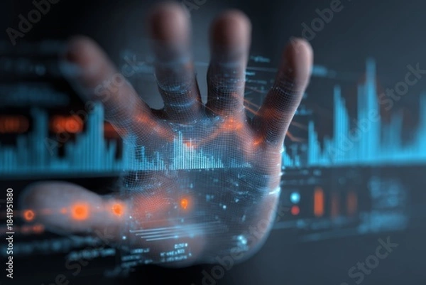 Obraz Human hands interacting with digital data visualizations, symbolizing analysis, decision-making, and the connection between human intuition and advanced technology.