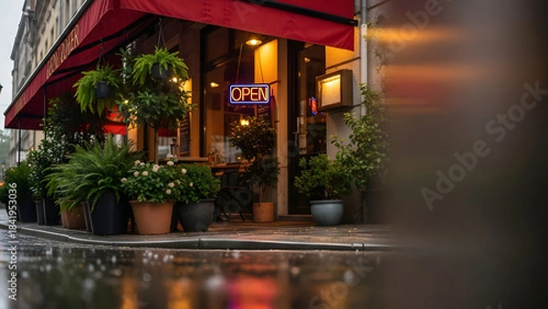 Fototapeta Cafe Storefront with Open Sign