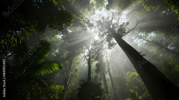 Fototapeta Forest Sun Beams Through Tall Trees