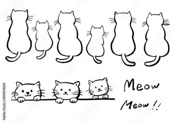 Obraz 後ろ姿の猫のイラストセット　手書きイラスト