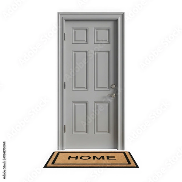 Fototapeta White door with welcome mat isolated on transparent background
