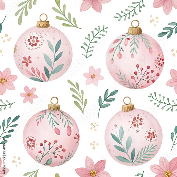 Fototapeta “Seamless pattern of hand-painted Christmas baubles with delicate floral motifs, soft watercolor texture, pastel palette, tileable repeating design.”