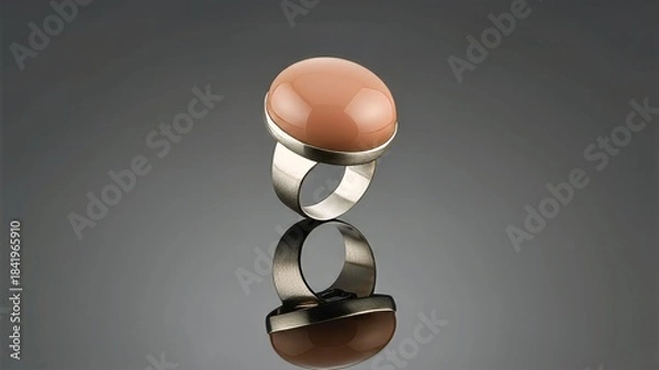 Fototapeta Reflective View of Modern Silver Ring with Brown Gem
