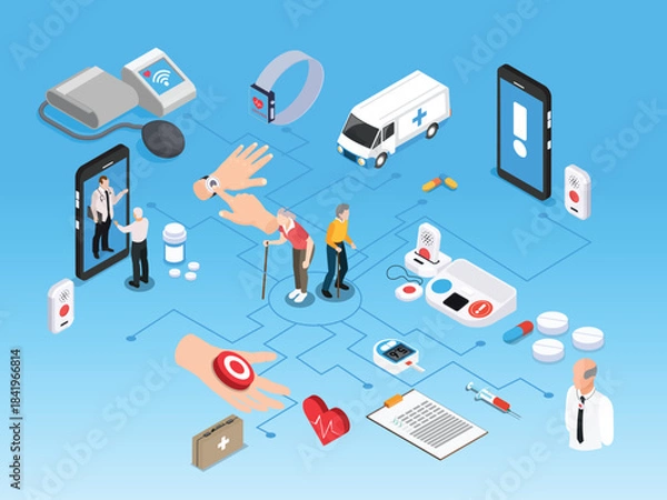 Obraz Digital Elderly Care, Emergency Response, and Remote Health Monitoring Network 3d vector illustration
