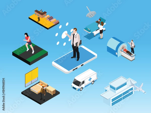 Obraz Global Telemedicine Network, Digital Healthcare Ecosystem, and Services 3d vector illustration