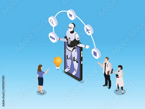 Obraz Artificial Intelligence (AI) Mobile Services, Chatbot, and Digital Assistance 3d vector illustration