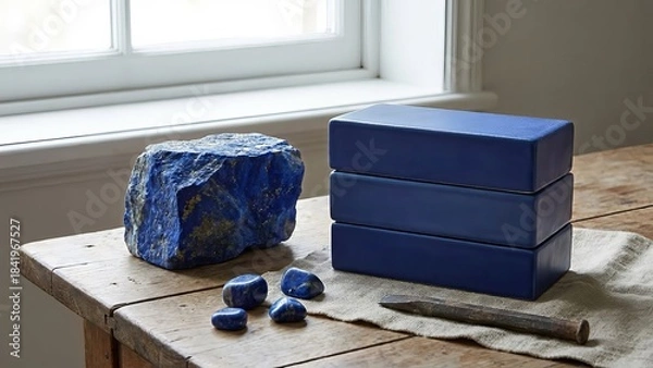 Fototapeta Raw Lapis Lazuli Stones with Boxes on Wooden Table