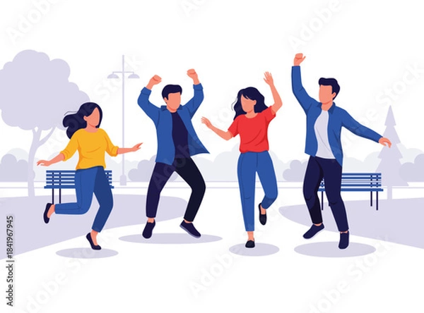 Obraz Four young diverse friends are joyfully jumping and dancing outdoors in a park celebrating freedom and happiness