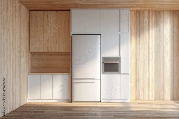 Fototapeta Modern kitchen with integrated appliances and natural wood accents.