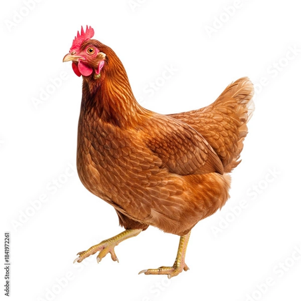 Fototapeta Close-up of a Brown Hen Standing on White Background with Natural Feather Details and Vibrant Colors