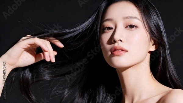 Obraz 黒髪を手に取り物憂げな表情を見せる女性