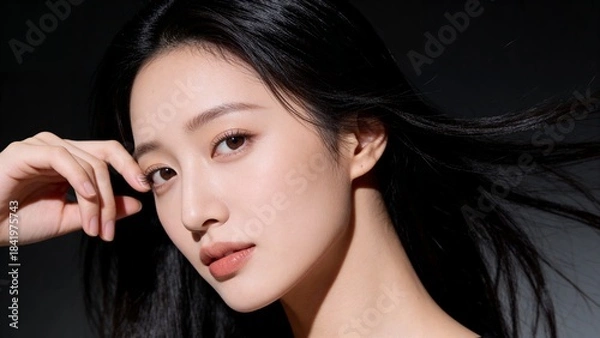 Obraz 風になびく黒髪とアンニュイな表情の女性