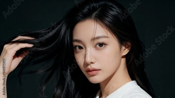 Obraz 黒髪ロングヘアをなびかせる美しい女性のポートレート