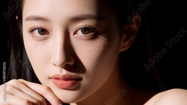Obraz 強い光と影が印象的な美しい女性のクローズアップ