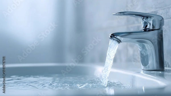 Fototapeta Modern chrome faucet actively dispensing a stream of clear water into a white basin