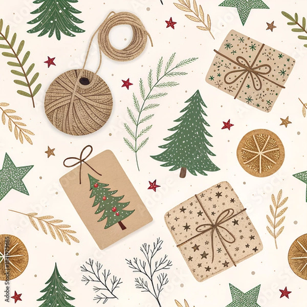 Fototapeta “Eco-friendly seamless pattern with kraft-paper ornaments, twine, hand-drawn textures, zero-waste Christmas concept.”