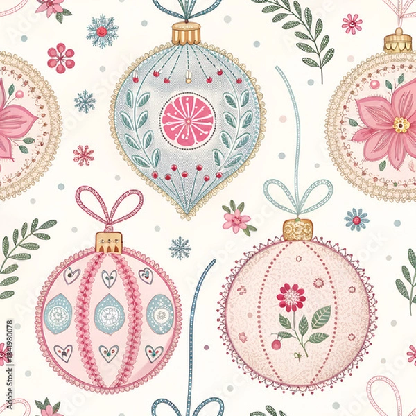 Fototapeta “Seamless pattern of embroidered fabric ornaments with lace, beads, and stitched details, cozy cottagecore style.”