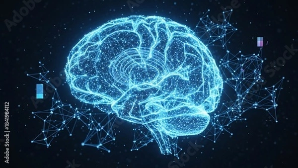 Fototapeta Digital Brain Hologram with Neural Network Connections on Dark Background.