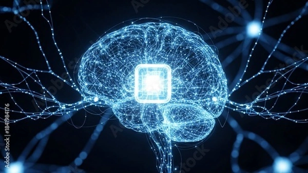 Fototapeta Digital Brain with Glowing Processor Chip and Neural Network Connections.