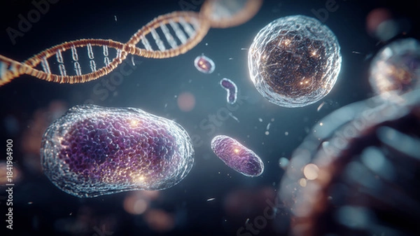 Obraz A biological cell environment concept displaying active microscopic organisms symbolizing life processes and scientific exploration.
