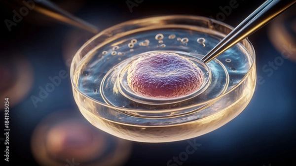 Obraz A cell manipulated with precision tools symbolizing biotechnology research, regenerative development and conceptual biological innovation.
