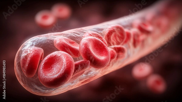Obraz A dynamic representation of red blood cells flowing through a biological vessel illustrating circulation and vital human physiology.
