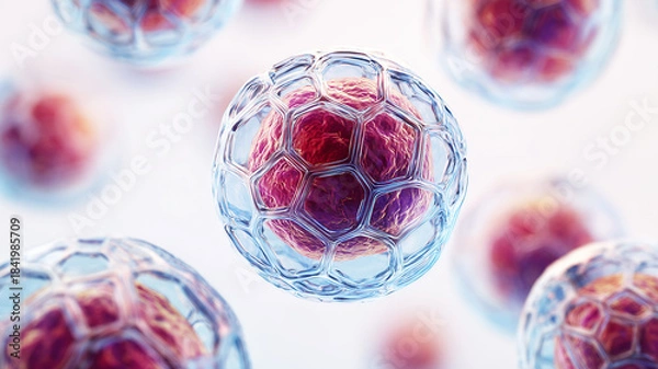 Obraz Encapsulated biological cell surrounded by a geometric membrane illustrating protection, molecular structure and advanced scientific innovation.
