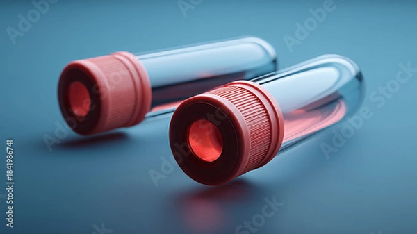 Obraz Two laboratory tubes viewed from the cap side representing medical research, biological analysis, and precision diagnostic workflows.
