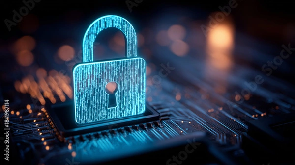 Obraz A digital security lock symbolizing data protection and technological defense within a connected system.
