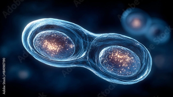 Obraz A dynamic cell division concept illustrating biological growth as two emerging structures form within a unified membrane, symbolizing replication and the origin of complex life processes.
