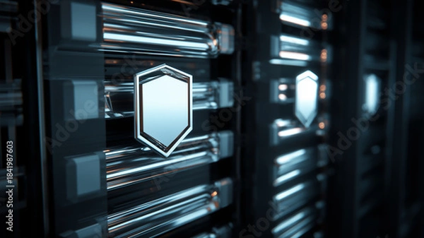 Obraz A metallic shield emblem mounted on futuristic panels representing digital protection system security and advanced technological defense.
