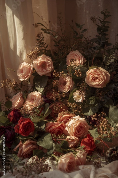 Obraz 繊細なバラと葉の構成が印象的なフェミニンブランド向けロマンチックフローラル背景. 生成AI