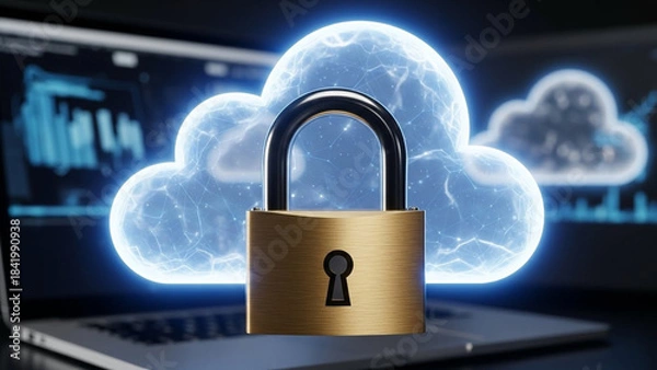 Obraz Cloud Security and Data Protection with Padlock on Laptop Screen.