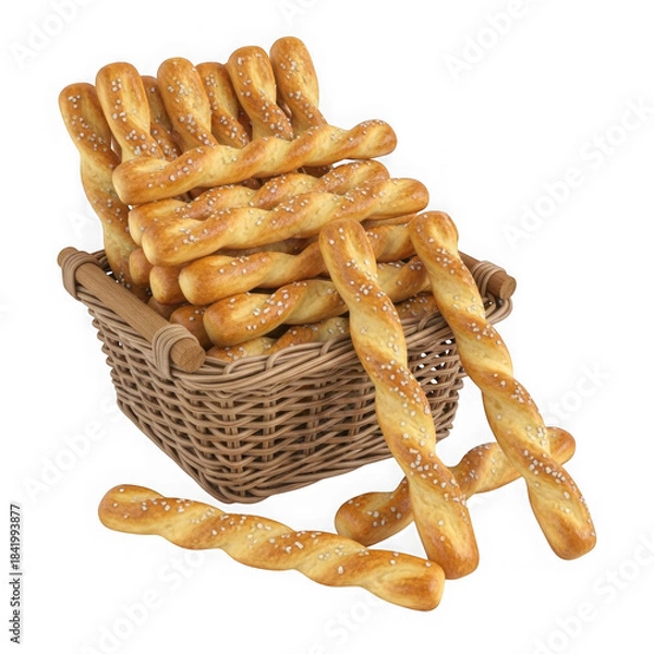 Fototapeta Golden breadsticks in a basket isolated on transparent background