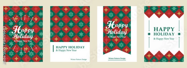 Obraz 冬柄ホリデーカードセット／クリスマス・新年・雪の結晶パターン（4デザイン）| ベクター素材 