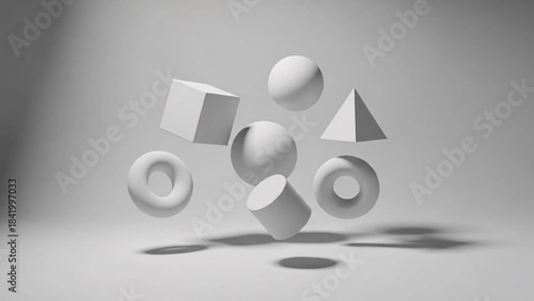 Fototapeta Abstract 3D geometric shapes floating in a minimalist white studio environment.