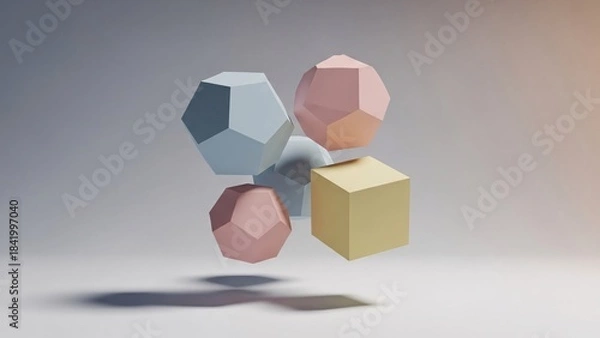 Fototapeta Abstract 3D geometric shapes floating in a minimalist pastel setting.
