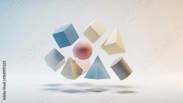 Fototapeta Abstract 3D geometric shapes floating in a minimalist light background, showcasing a sphere, cubes, cylinders, and pyramids in soft pastel colors.