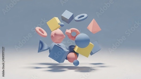 Fototapeta Abstract 3D geometric shapes floating in a light blue space.