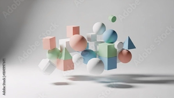 Fototapeta Abstract 3D geometric shapes floating in a minimalist white space.